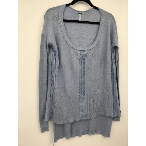 Free People Lace Road Blue Hi Low Sweater Linen Blend Boho Small - Picture 3 of 8